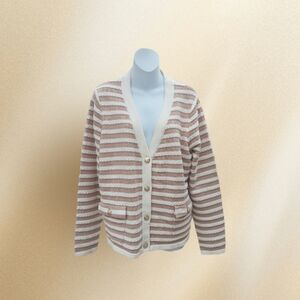 Isaac Mizrahi Tan and Cream Cardigan Sweater Fancy Gold Buttons Size L